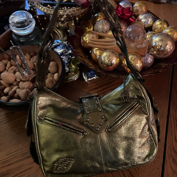 Vintage BETSEY JOHNSON Olive Heavy Metal Studded Satchel Handbag - Picture 5 of 16